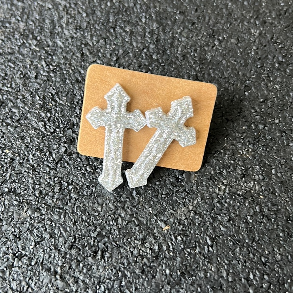 Silver sparkle cross earrings